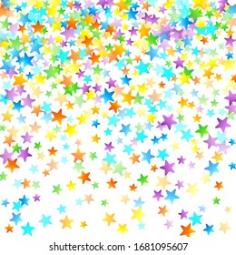 Rainbow Festive Confetti. Carnival Template. Colorful Star Falling. Beautiful Holidays Party. Little Tiny Multicolor Sprockets on White Background. Bright Vector Illustration.