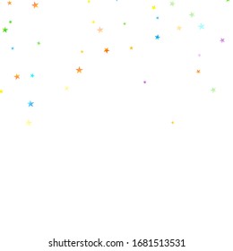 Rainbow Festive Confetti. Carnival Template. Colorful Star Falling. Beautiful Holidays Party. Little Tiny Multicolor Sprockets on White Background. Bright Vector Illustration.