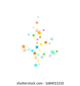 Rainbow Festive Confetti. Carnival Template. Colorful Star Falling. Beautiful Holidays Party. Little Tiny Multicolor Sprockets on White Background. Bright Vector Illustration.