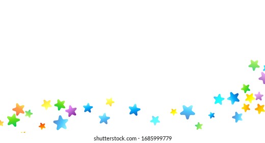 Rainbow Festive Confetti. Karnevalsvorlage. Farbiger Star fällt. Schöne Feiertage. Kleine, kleine, mehrfarbige Schmutzspritzen auf weißem Hintergrund. Helle Vektorillustration Illustration.