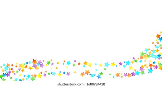 Confetti festivo arcoiris. Plantilla de Carnaval. Estrella Colorida Cae. Hermosa fiesta de vacaciones. Pequeños baldes multicolores sobre fondo blanco. Ilustración del vector brillante.