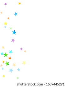 Confetti festivo arcoiris. Plantilla de Carnaval. Estrella Colorida Cae. Hermosa fiesta de vacaciones. Pequeños baldes multicolores sobre fondo blanco. Ilustración del vector brillante.
