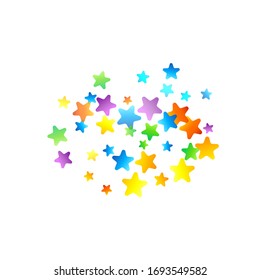 Rainbow Festive Confetti. Carnival Template. Colorful Star Falling. Beautiful Holidays Party. Little Tiny Multicolor Sprockets on White Background. Bright Vector Illustration.