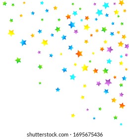 Rainbow Festive Confetti. Carnival Template. Colorful Star Falling. Beautiful Holidays Party. Little Tiny Multicolor Sprockets on White Background. Bright Vector Illustration.