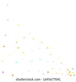 Rainbow Festive Confetti. Carnival Template. Colorful Star Falling. Beautiful Holidays Party. Little Tiny Multicolor Sprockets on White Background. Bright Vector Illustration.