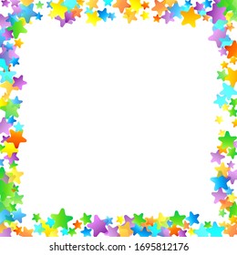 Confetti festivo arcoiris. Plantilla de Carnaval. Estrella Colorida Cae. Hermosa fiesta de vacaciones. Pequeños baldes multicolores sobre fondo blanco. Ilustración del vector brillante.