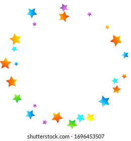 Rainbow Festive Confetti. Carnival Template. Colorful Star Falling. Beautiful Holidays Party. Little Tiny Multicolor Sprockets on White Background. Bright Vector Illustration.
