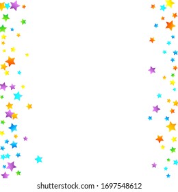 Rainbow Festive Confetti. Carnival Template. Colorful Star Falling. Beautiful Holidays Party. Little Tiny Multicolor Sprockets on White Background. Bright Vector Illustration.