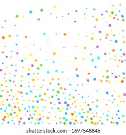 Rainbow Festive Confetti. Carnival Template. Colorful Star Falling. Beautiful Holidays Party. Little Tiny Multicolor Sprockets on White Background. Bright Vector Illustration.