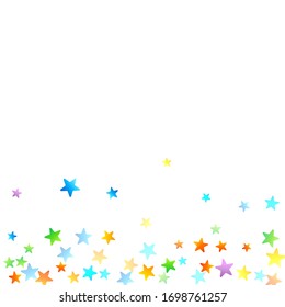 Rainbow Festive Confetti. Carnival Template. Colorful Star Falling. Beautiful Holidays Party. Little Tiny Multicolor Sprockets on White Background. Bright Vector Illustration.