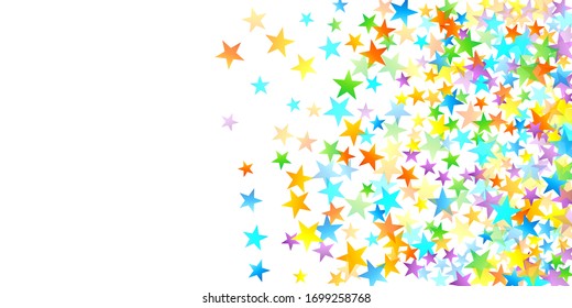 Confetti festivo arcoiris. Plantilla de Carnaval. Estrella Colorida Cae. Hermosa fiesta de vacaciones. Pequeños baldes multicolores sobre fondo blanco. Ilustración del vector brillante.