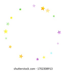 Rainbow Festive Confetti. Carnival Template. Colorful Star Falling. Beautiful Holidays Party. Little Tiny Multicolor Sprockets on White Background. Bright Vector Illustration.