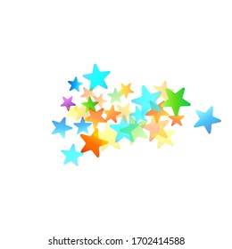 Confetti festivo arcoiris. Plantilla de Carnaval. Estrella Colorida Cae. Hermosa fiesta de vacaciones. Pequeños baldes multicolores sobre fondo blanco. Ilustración del vector brillante.
