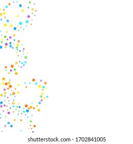 Rainbow Festive Confetti. Carnival Template. Colorful Star Falling. Beautiful Holidays Party. Little Tiny Multicolor Sprockets on White Background. Bright Vector Illustration.