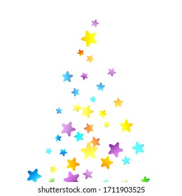 Rainbow Festive Confetti. Carnival Template. Colorful Star Falling. Beautiful Holidays Party. Little Tiny Multicolor Sprockets on White Background. Bright Vector Illustration.