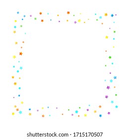 Rainbow Festive Confetti. Carnival Template. Colorful Star Falling. Beautiful Holidays Party. Little Tiny Multicolor Sprockets on White Background. Bright Vector Illustration.