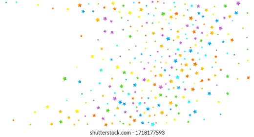 Confetti festivo arcoiris. Plantilla de Carnaval. Estrella Colorida Cae. Hermosa fiesta de vacaciones. Pequeños baldes multicolores sobre fondo blanco. Ilustración del vector brillante.