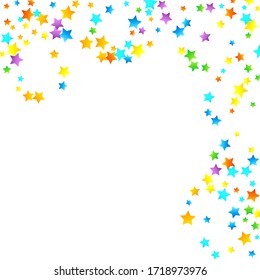 Rainbow Festive Confetti. Carnival Template. Colorful Star Falling. Beautiful Holidays Party. Little Tiny Multicolor Sprockets on White Background. Bright Vector Illustration.