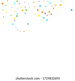 Rainbow Festive Confetti. Carnival Template. Colorful Star Falling. Beautiful Holidays Party. Little Tiny Multicolor Sprockets on White Background. Bright Vector Illustration.