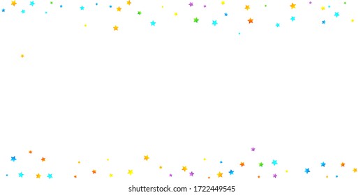 Confetti festivo arcoiris. Plantilla de Carnaval. Estrella Colorida Cae. Hermosa fiesta de vacaciones. Pequeños baldes multicolores sobre fondo blanco. Ilustración del vector brillante.