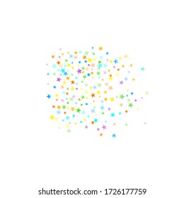 Rainbow Festive Confetti. Carnival Template. Colorful Star Falling. Beautiful Holidays Party. Little Tiny Multicolor Sprockets on White Background. Bright Vector Illustration.