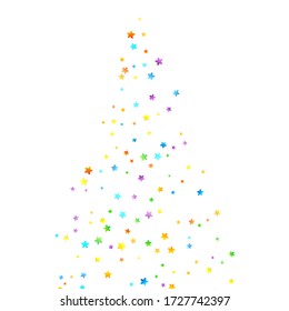 Rainbow Festive Confetti. Karnevalsvorlage. Farbenfrohe Sterne fallen. Schöne Feiertage. Kleine kleine, kleine, mehrfarbige Sprockets auf weißem Hintergrund. Helle Vector Illustration.