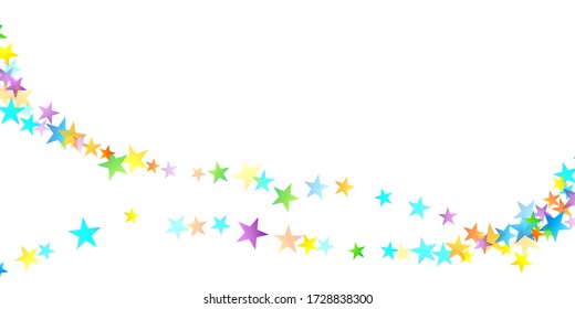 Rainbow Festive Confetti. Carnival Template. Colorful Star Falling. Beautiful Holidays Party. Little Tiny Multicolor Sprockets on White Background. Bright Vector Illustration.