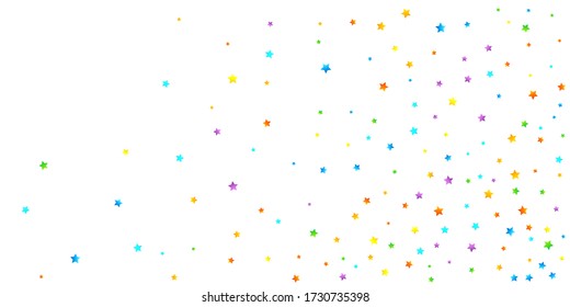 Rainbow Festive Confetti. Carnival Template. Colorful Star Falling. Beautiful Holidays Party. Little Tiny Multicolor Sprockets on White Background. Bright Vector Illustration.