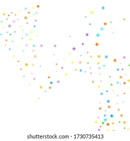 Rainbow Festive Confetti. Carnival Template. Colorful Star Falling. Beautiful Holidays Party. Little Tiny Multicolor Sprockets on White Background. Bright Vector Illustration.