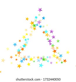Rainbow Festive Confetti. Karnevalsvorlage. Farbenfrohe Sterne fallen. Schöne Feiertage. Kleine kleine, kleine, mehrfarbige Sprockets auf weißem Hintergrund. Helle Vector Illustration.