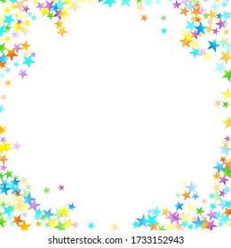Rainbow Festive Confetti. Karnevalsvorlage. Farbenfrohe Sterne fallen. Schöne Feiertage. Kleine kleine, kleine, mehrfarbige Sprockets auf weißem Hintergrund. Helle Vector Illustration.