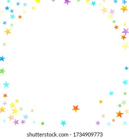 Confetti festivo arcoiris. Plantilla de Carnaval. Estrella Colorida Cae. Hermosa fiesta de vacaciones. Pequeños baldes multicolores sobre fondo blanco. Ilustración del vector brillante.