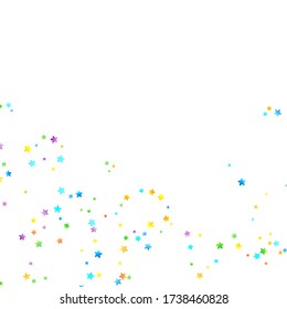 Confetti festivo arcoiris. Plantilla de Carnaval. Estrella Colorida Cae. Hermosa fiesta de vacaciones. Pequeños baldes multicolores sobre fondo blanco. Ilustración del vector brillante.