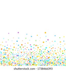 Rainbow Festive Confetti. Carnival Template. Colorful Star Falling. Beautiful Holidays Party. Little Tiny Multicolor Sprockets on White Background. Bright Vector Illustration.