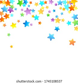 Rainbow Festive Confetti. Carnival Template. Colorful Star Falling. Beautiful Holidays Party. Little Tiny Multicolor Sprockets on White Background. Bright Vector Illustration.