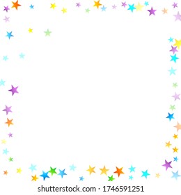 Rainbow Festive Confetti. Carnival Template. Colorful Star Falling. Beautiful Holidays Party. Little Tiny Multicolor Sprockets on White Background. Bright Vector Illustration.