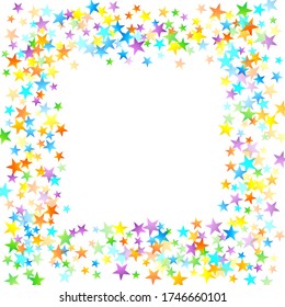 Rainbow Festive Confetti. Carnival Template. Colorful Star Falling. Beautiful Holidays Party. Little Tiny Multicolor Sprockets on White Background. Bright Vector Illustration.