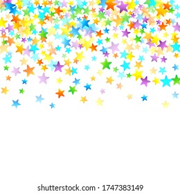Rainbow Festive Confetti. Carnival Template. Colorful Star Falling. Beautiful Holidays Party. Little Tiny Multicolor Sprockets on White Background. Bright Vector Illustration.