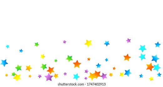 Rainbow Festive Confetti. Carnival Template. Colorful Star Falling. Beautiful Holidays Party. Little Tiny Multicolor Sprockets on White Background. Bright Vector Illustration.