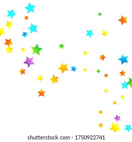 Rainbow Festive Confetti. Carnival Template. Colorful Star Falling. Beautiful Holidays Party. Little Tiny Multicolor Sprockets on White Background. Bright Vector Illustration.