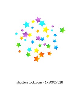 Rainbow Festive Confetti. Carnival Template. Colorful Star Falling. Beautiful Holidays Party. Little Tiny Multicolor Sprockets on White Background. Bright Vector Illustration.