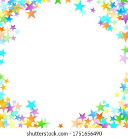 Rainbow Festive Confetti. Carnival Template. Colorful Star Falling. Beautiful Holidays Party. Little Tiny Multicolor Sprockets on White Background. Bright Vector Illustration.