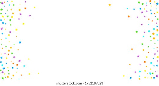 Rainbow Festive Confetti. Carnival Template. Colorful Star Falling. Beautiful Holidays Party. Little Tiny Multicolor Sprockets on White Background. Bright Vector Illustration.