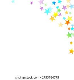 Rainbow Festive Confetti. Carnival Template. Colorful Star Falling. Beautiful Holidays Party. Little Tiny Multicolor Sprockets on White Background. Bright Vector Illustration.