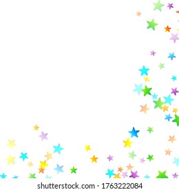 Confetti festivo arcoiris. Plantilla de Carnaval. Estrella Colorida Cae. Hermosa fiesta de vacaciones. Pequeños baldes multicolores sobre fondo blanco. Ilustración del vector brillante.