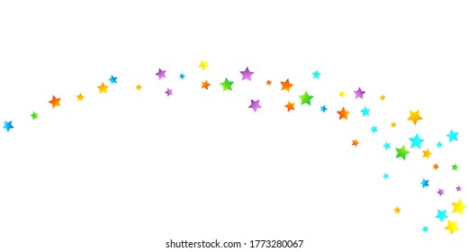 Rainbow Festive Confetti. Carnival Template. Colorful Star Falling. Beautiful Holidays Party. Little Tiny Multicolor Sprockets on White Background. Bright Vector Illustration.