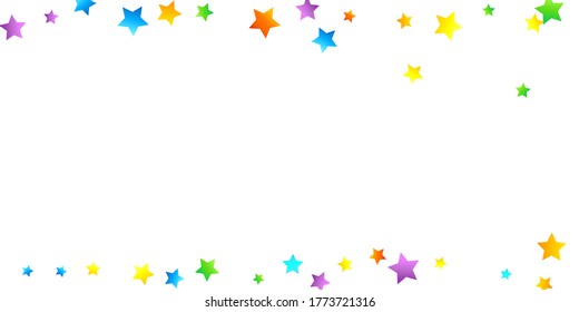 Rainbow Festive Confetti. Carnival Template. Colorful Star Falling. Beautiful Holidays Party. Little Tiny Multicolor Sprockets on White Background. Bright Vector Illustration.