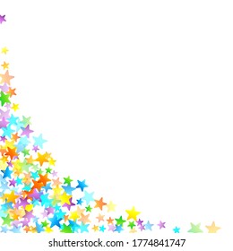 Rainbow Festive Confetti. Carnival Template. Colorful Star Falling. Beautiful Holidays Party. Little Tiny Multicolor Sprockets on White Background. Bright Vector Illustration.