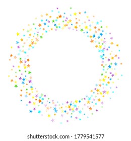 Confetti festivo arcoiris. Plantilla de Carnaval. Estrella Colorida Cae. Hermosa fiesta de vacaciones. Pequeños baldes multicolores sobre fondo blanco. Ilustración del vector brillante.