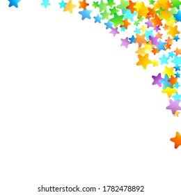 Confetti festivo arcoiris. Plantilla de Carnaval. Estrella Colorida Cae. Hermosa fiesta de vacaciones. Pequeños baldes multicolores sobre fondo blanco. Ilustración del vector brillante.